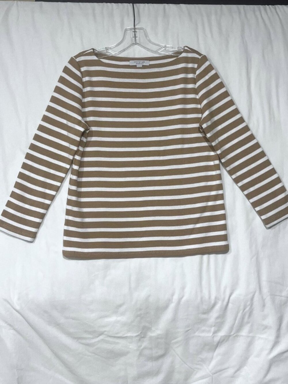 Ann Taylor Weekend Top – Brown and White Stripes – 3/4 Sleeve – Size S